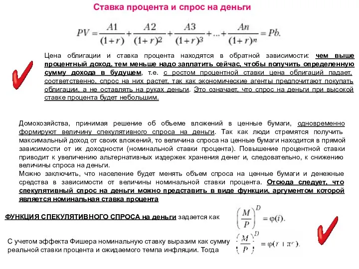 Ставка процента и спрос на деньги Цена облигации и ставка процента