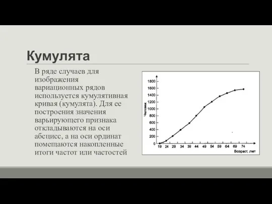 Кумулята В ряде случаев для изображения вариационных рядов используется кумулятивная кривая