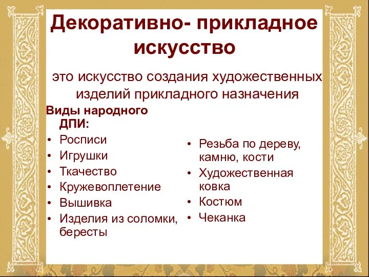 Декоративно- прикладное искусство Резьба по дереву, камню, кости Художественная ковка Костюм