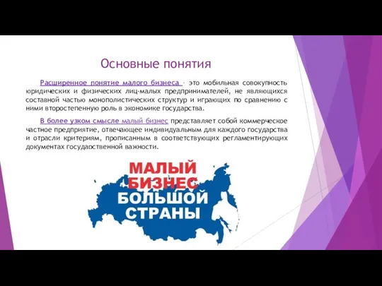 Основные понятия Расширенное понятие малого бизнеса – это мобильная совокупность юридических