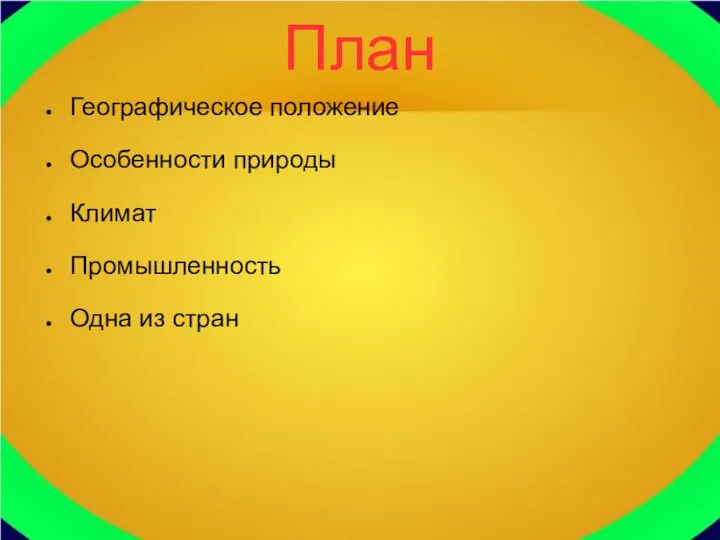 План Географическое положение Особенности природы Климат Промышленность Одна из стран