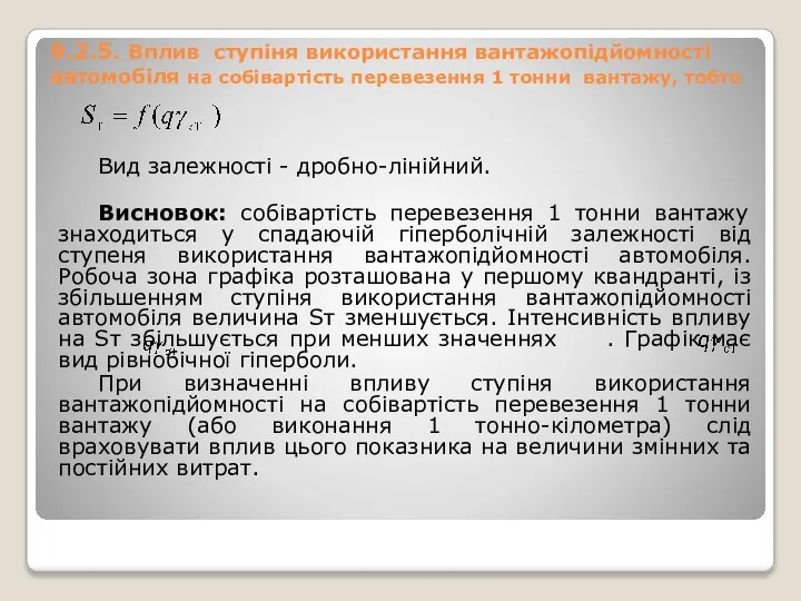 9.2.5. Вплив ступіня використання вантажопідйомності автомобіля на собівартість перевезення 1 тонни