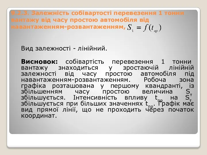 9.2.3. Залежність собівартості перевезення 1 тонни вантажу від часу простою автомобіля