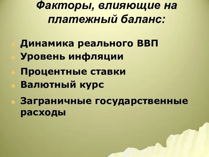 Факторы, влияющие на платежный баланс: Динамика реального ВВП Уровень инфляции Процентные