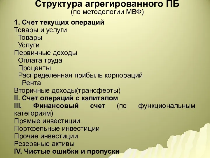 Структура агрегированного ПБ (по методологии МВФ) 1. Счет текущих операций Товары