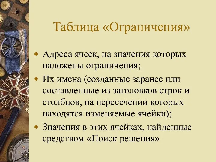 Таблица «Ограничения» Адреса ячеек, на значения которых наложены ограничения; Их имена