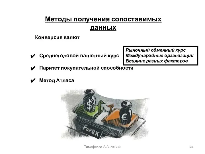 Методы получения сопоставимых данных Конверсия валют Среднегодовой валютный курс Паритет покупательной