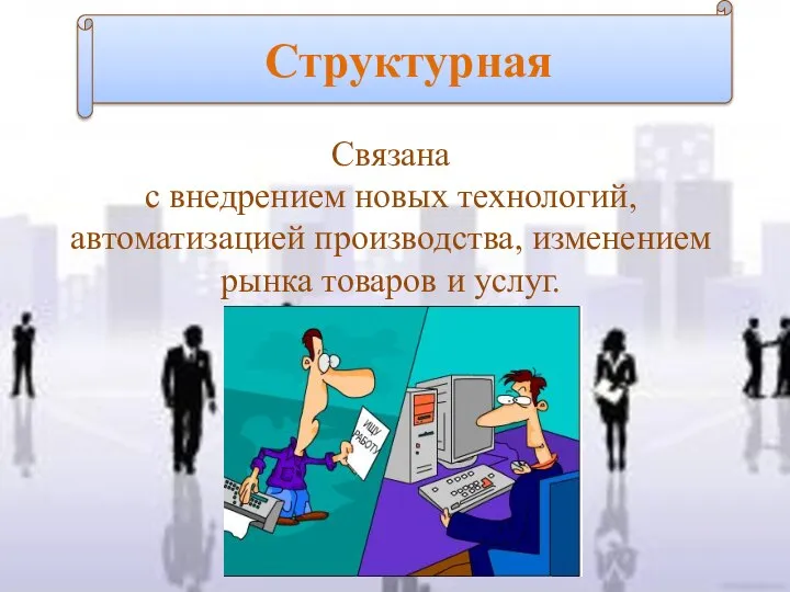 Структурная Связана с внедрением новых технологий, автоматизацией производства, изменением рынка товаров и услуг.