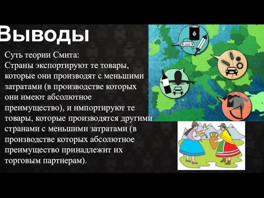 Выводы Суть теории Смита: Страны экспортируют те товары, которые они производят