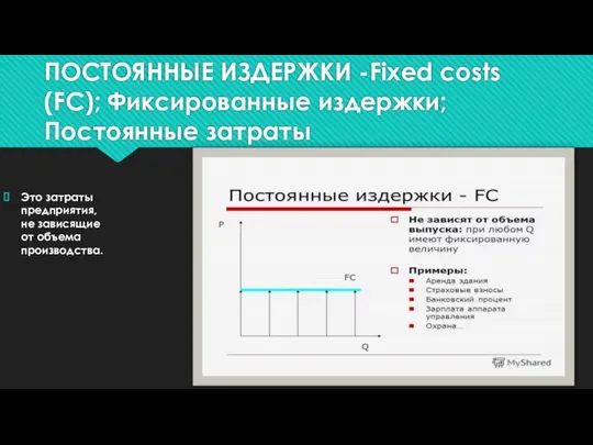 ПОСТОЯННЫЕ ИЗДЕРЖКИ -Fixed costs (FC); Фиксированные издержки; Постоянные затраты Это затраты