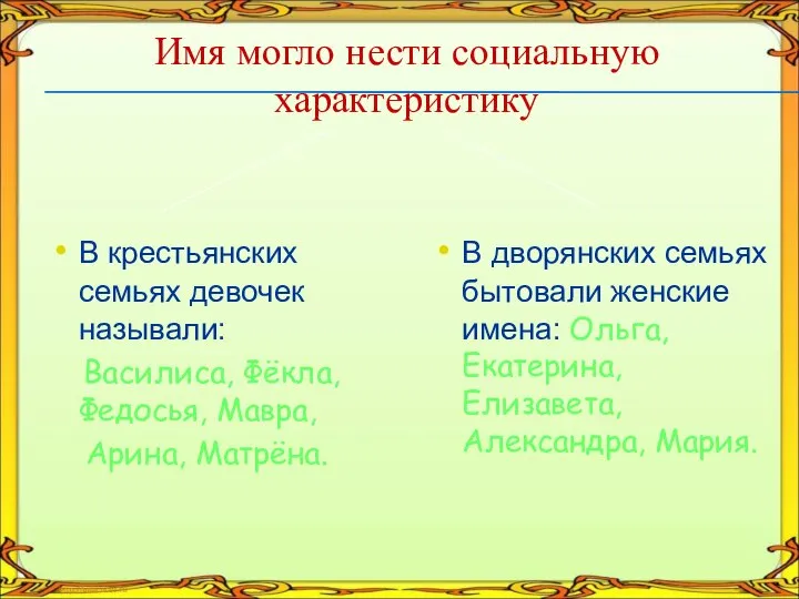 Имя могло нести социальную характеристику В крестьянских семьях девочек называли: Василиса,