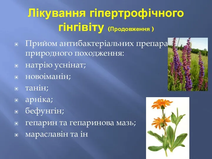 Лікування гіпертрофічного гінгівіту (Продовження ) Прийом антибактеріальних препаратів природного походження: натрію