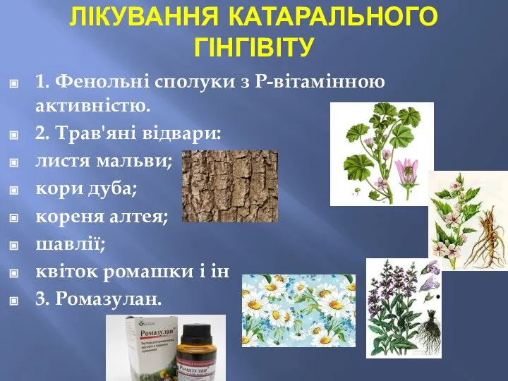 ЛІКУВАННЯ КАТАРАЛЬНОГО ГІНГІВІТУ 1. Фенольні сполуки з Р-вітамінною активністю. 2. Трав'яні