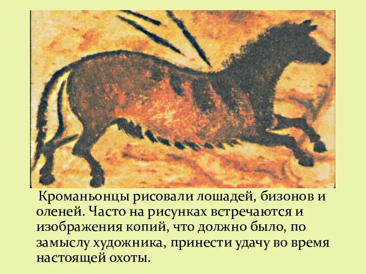 Кроманьонцы рисовали лошадей, бизонов и оленей. Часто на рисунках встречаются и