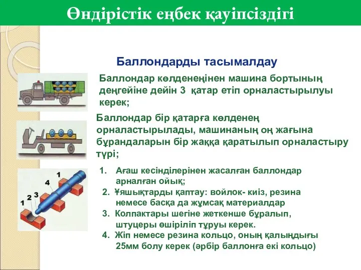 Баллондарды тасымалдау Баллондар көлденеңінен машина бортының деңгейіне дейін 3 қатар етіп