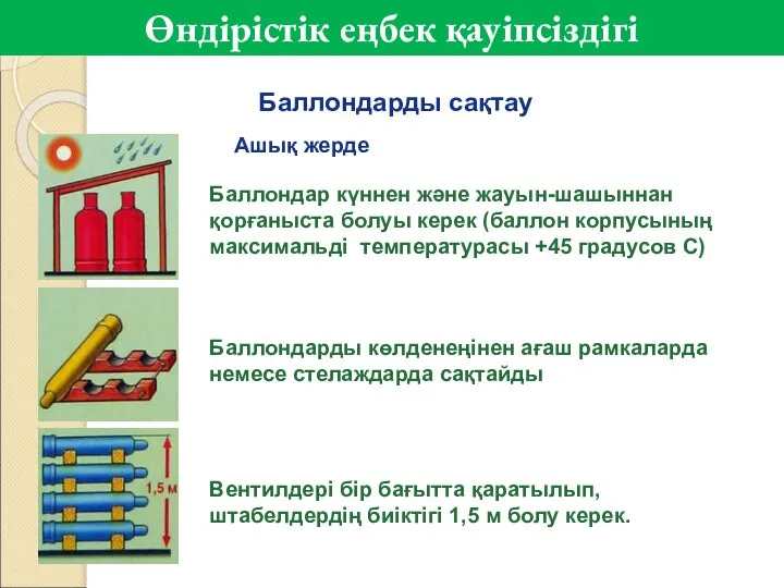 Баллондарды сақтау Ашық жерде Баллондар күннен және жауын-шашыннан қорғаныста болуы керек