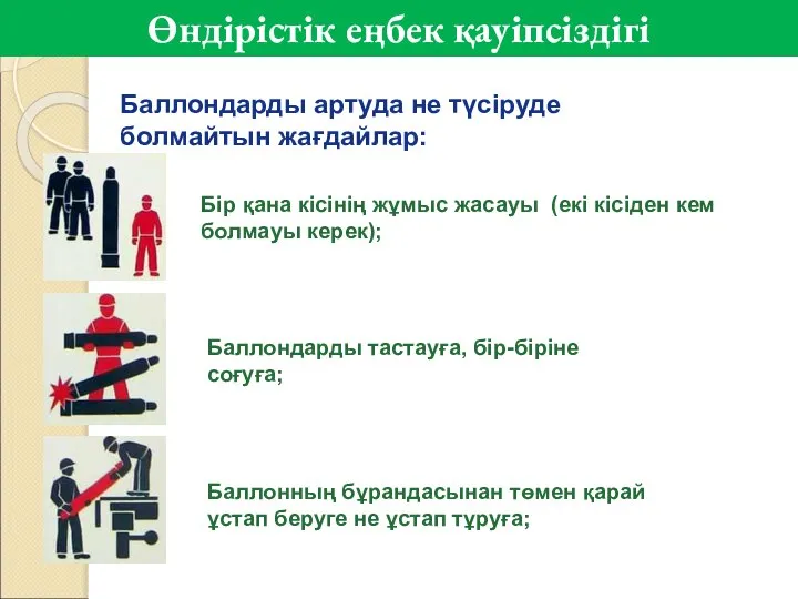 Баллондарды артуда не түсіруде болмайтын жағдайлар: Бір қана кісінің жұмыс жасауы