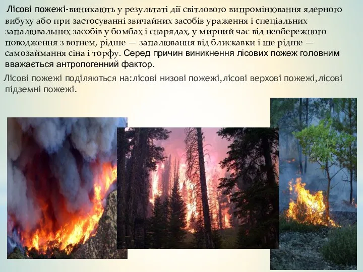 Лісові пожежі-виникають у результаті дії світлового випромінювання ядерного вибуху або при