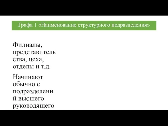 Графа 1 «Наименование структурного подразделения» Филиалы, представительства, цеха, отделы и т.д.