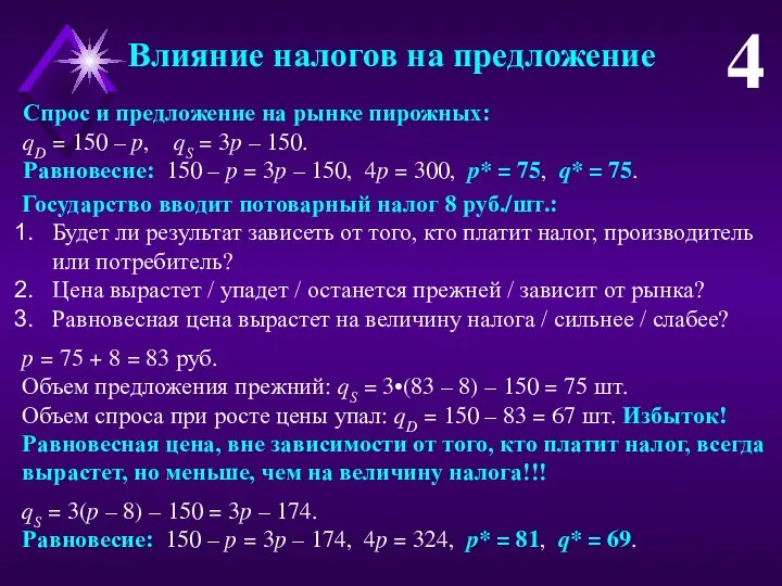 Влияние налогов на предложение 4 Спрос и предложение на рынке пирожных: