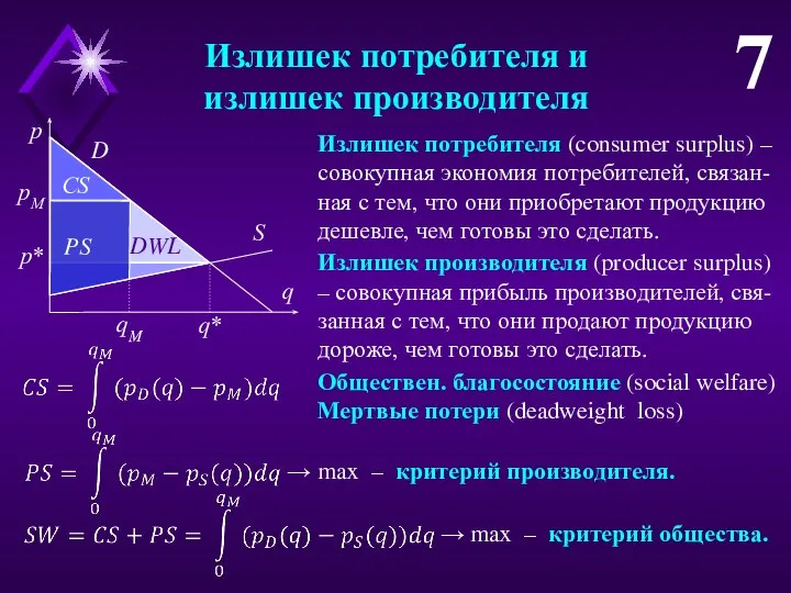 Излишек потребителя и излишек производителя 7 Излишек потребителя (consumer surplus) –