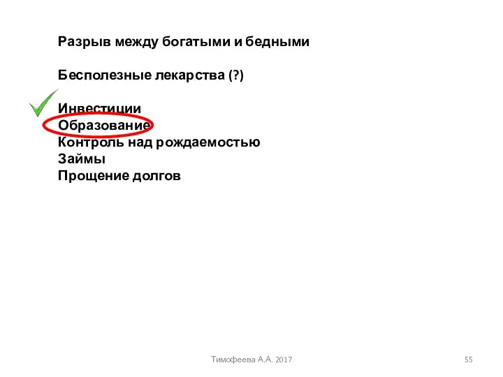 Разрыв между богатыми и бедными Бесполезные лекарства (?) Инвестиции Образование Контроль