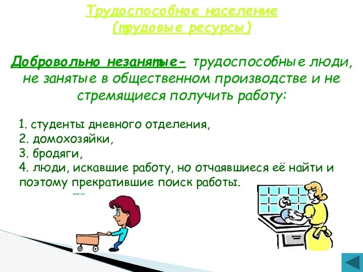 Трудоспособное население (трудовые ресурсы) Добровольно незанятые- трудоспособные люди, не занятые в