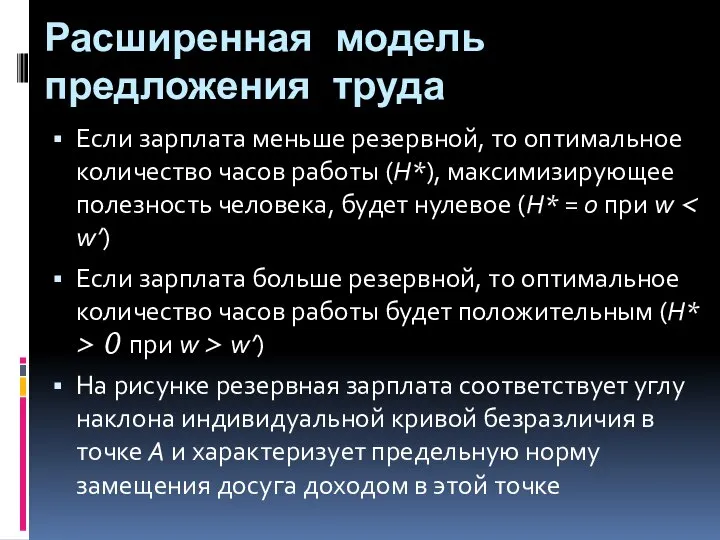 Расширенная модель предложения труда Если зарплата меньше резервной, то оптимальное количество