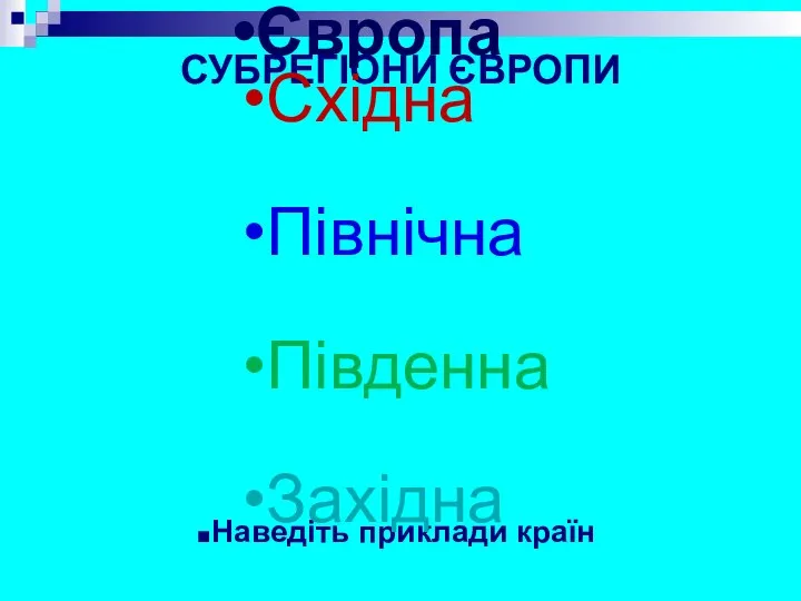 СУБРЕГІОНИ ЄВРОПИ Наведіть приклади країн Європа Східна Північна Південна Західна