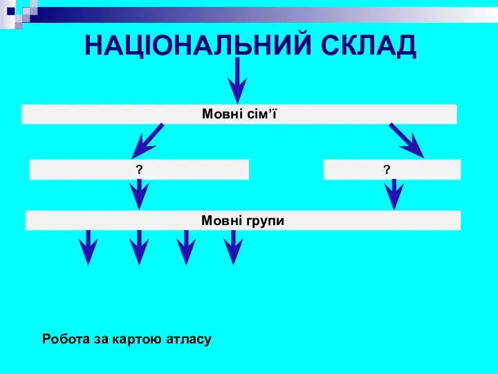 НАЦІОНАЛЬНИЙ СКЛАД Мовні сім’ї ? ? Мовні групи Робота за картою атласу