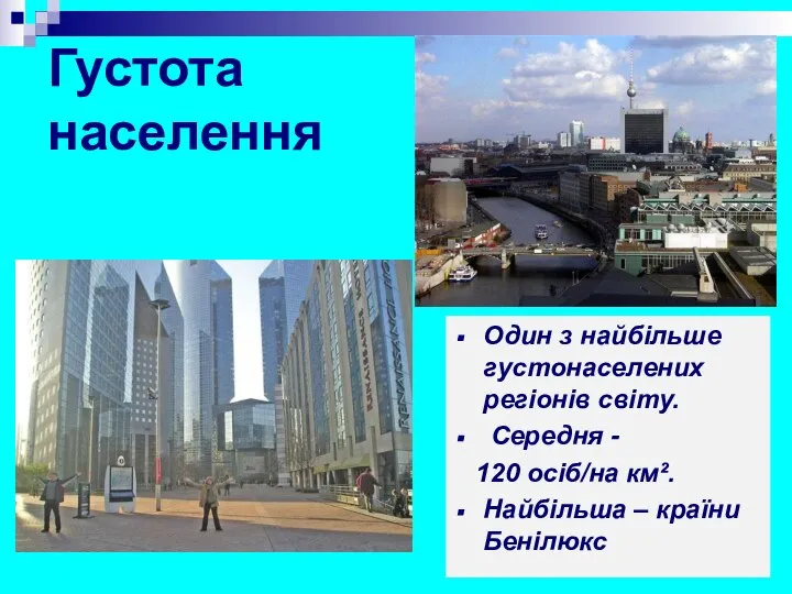 Густота населення Один з найбільше густонаселених регіонів світу. Середня - 120