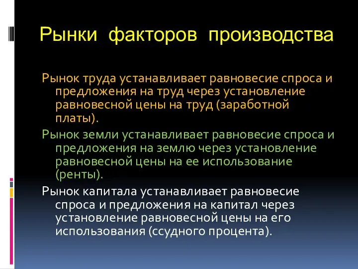 Рынки факторов производства Рынок труда устанавливает равновесие спроса и предложения на