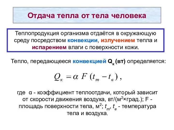 Отдача тепла от тела человека Теплопродукция организма отдаётся в окружающую среду