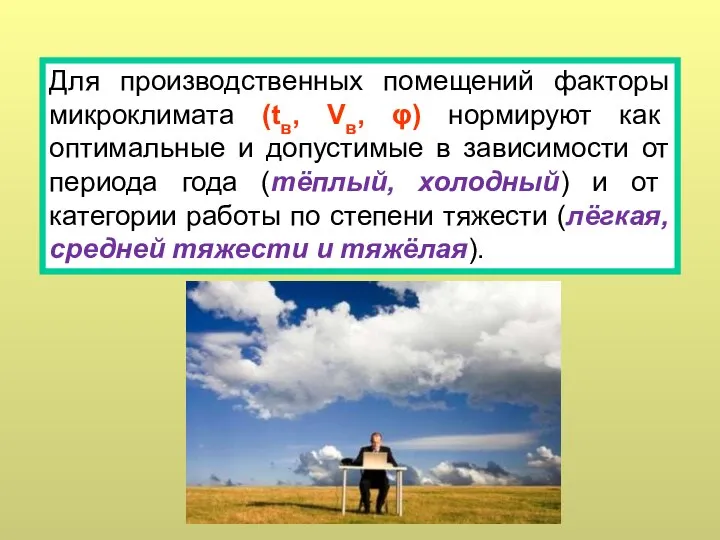 Для производственных помещений факторы микроклимата (tв, Vв, φ) нормируют как оптимальные