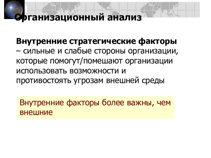 Организационный анализ Внутренние стратегические факторы – сильные и слабые стороны организации,