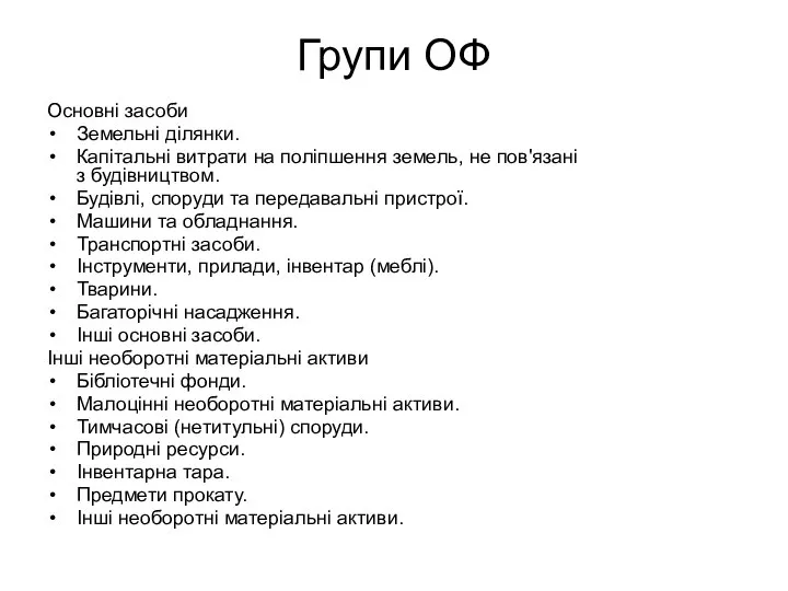 Групи ОФ Основні засоби Земельні ділянки. Капітальні витрати на поліпшення земель,