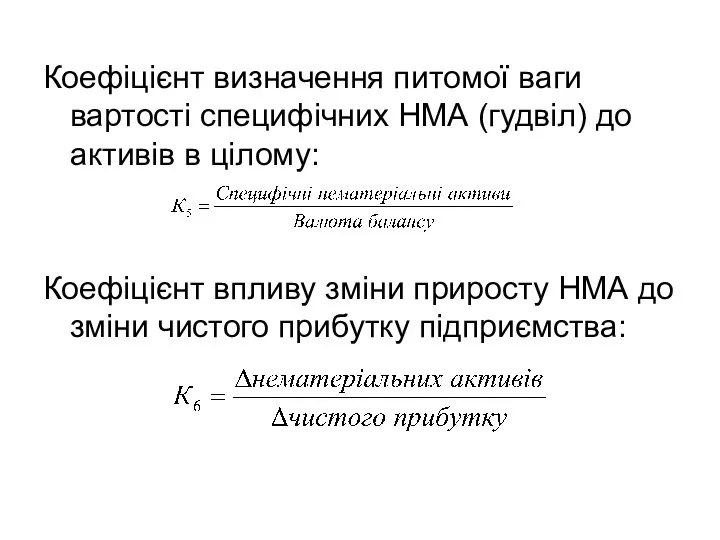 Коефіцієнт визначення питомої ваги вартості специфічних НМА (гудвіл) до активів в