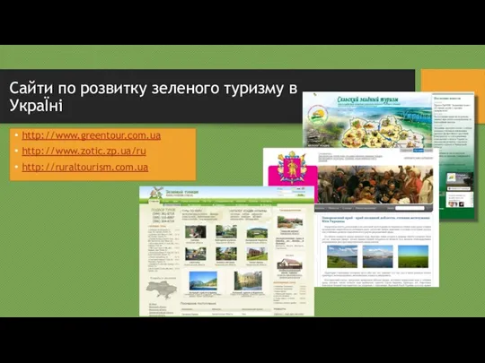 Сайти по розвитку зеленого туризму в УкраЇні http://www.greentour.com.ua http://www.zotic.zp.ua/ru http://ruraltourism.com.ua