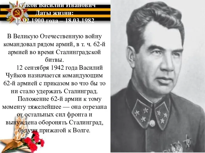 Чуйков Василий Иванович Даты жизни: 12.02.1900 года – 18.03.1982 В Великую