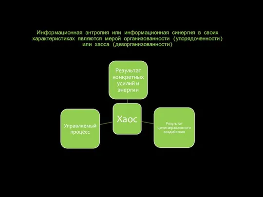 Информационная энтропия или информационная синергия в своих характеристиках являются мерой организованности (упорядоченности) или хаоса (дезорганизованности)