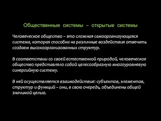 Общественные системы – открытые системы Человеческое общество – это сложная самоорганизующаяся