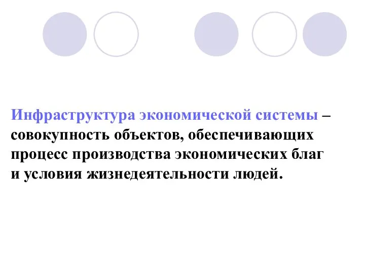 Инфраструктура экономической системы – совокупность объектов, обеспечивающих процесс производства экономических благ и условия жизнедеятельности людей.