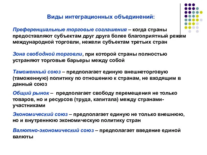 Виды интеграционных объединений: Преференциальные торговые соглашения – когда страны предоставляют субъектам