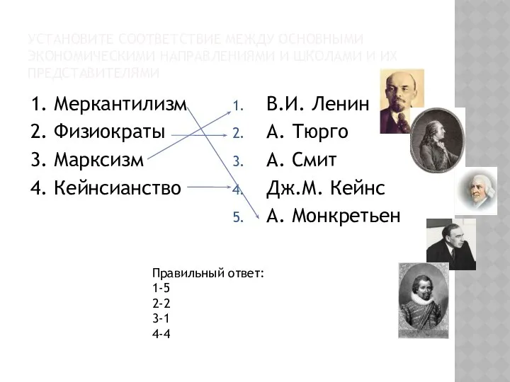 УСТАНОВИТЕ СООТВЕТСТВИЕ МЕЖДУ ОСНОВНЫМИ ЭКОНОМИЧЕСКИМИ НАПРАВЛЕНИЯМИ И ШКОЛАМИ И ИХ ПРЕДСТАВИТЕЛЯМИ