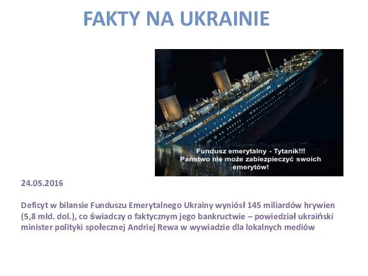 FAKTY NA UKRAINIE 24.05.2016 Deficyt w bilansie Funduszu Emerytalnego Ukrainy wyniósł