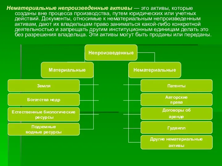 Нематериальные непроизведенные активы — это активы, которые созданы вне процесса производства,