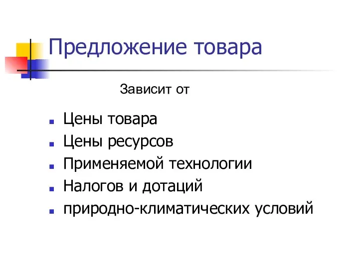 Предложение товара Цены товара Цены ресурсов Применяемой технологии Налогов и дотаций природно-климатических условий Зависит от