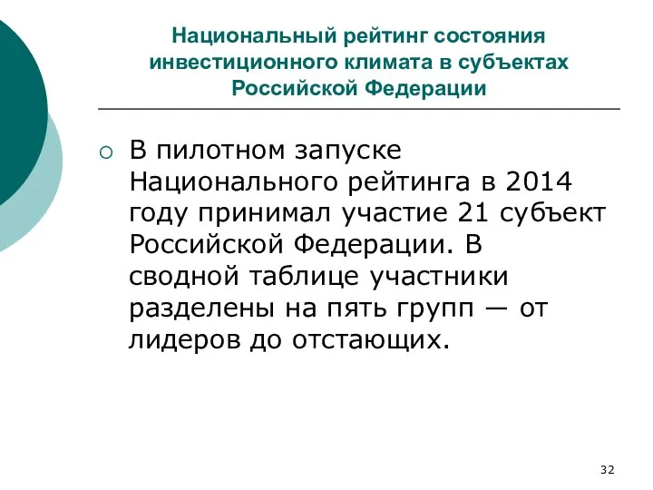 Национальный рейтинг состояния инвестиционного климата в субъектах Российской Федерации В пилотном