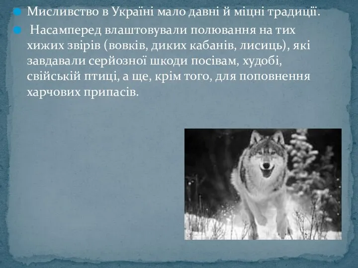 Мисливство в Україні мало давні й міцні традиції. Насамперед влаштовували полювання