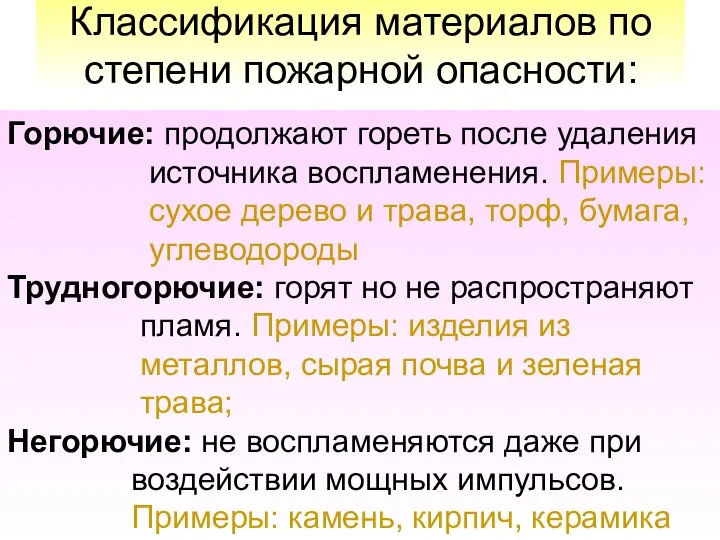 Классификация материалов по степени пожарной опасности: Горючие: продолжают гореть после удаления